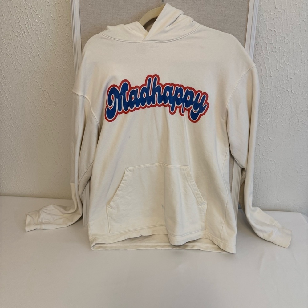 Madhappy Cream Hoodie with Blue and Red Logo and stitching - Picture 6 of 13